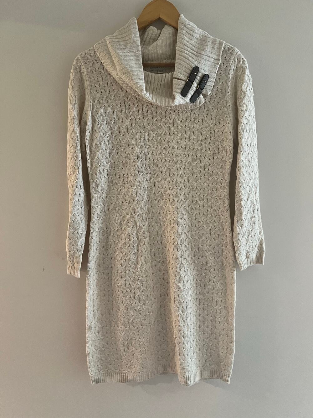 Sandra Darren Long Sleeve Cable Knit Sweater Dress Cowl Neck Beige Small JL